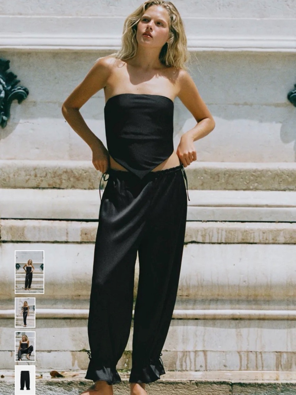 Zara Black Satin Wide-Leg Drawstring Pants